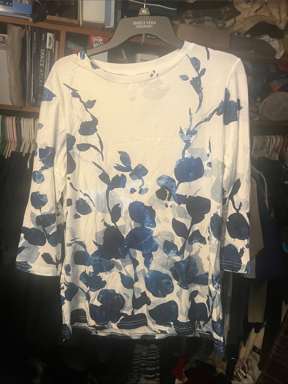 White Long-Sleeve Top with Blue Floral Print